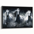 Framed canvas wall art showcasing a side view of a majestic horse in a wild landscape, featuring earthy tones and intricate details, perfect for nature enthusiasts.
