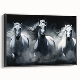 Framed canvas wall art showcasing a side view of a majestic horse in a wild landscape, featuring earthy tones and intricate details, perfect for nature enthusiasts.
