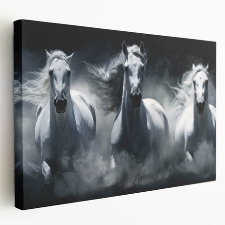 Stretched canvas wall art showcasing a side view of a majestic horse, highlighted by its flowing mane and detailed features, perfect for nature lovers and equestrian enthusiasts.