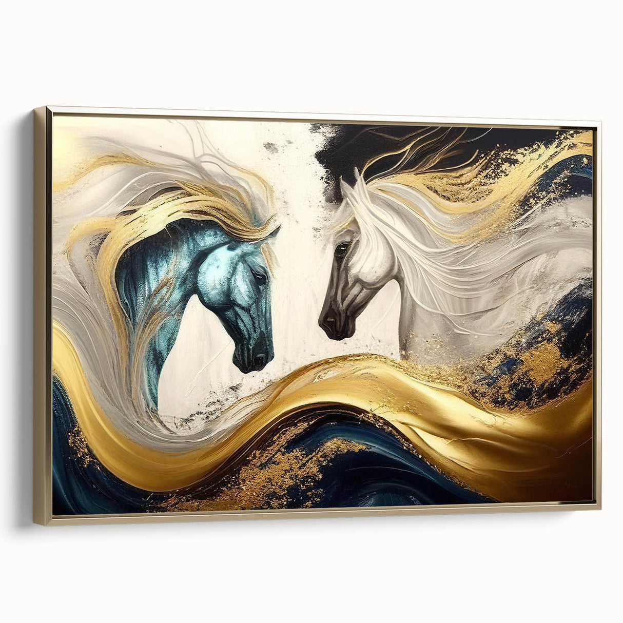 Framed wall art showcasing a golden horse design in a side view, highlighting intricate details and elegant textures against a neutral background, ideal for animal-themed decor.