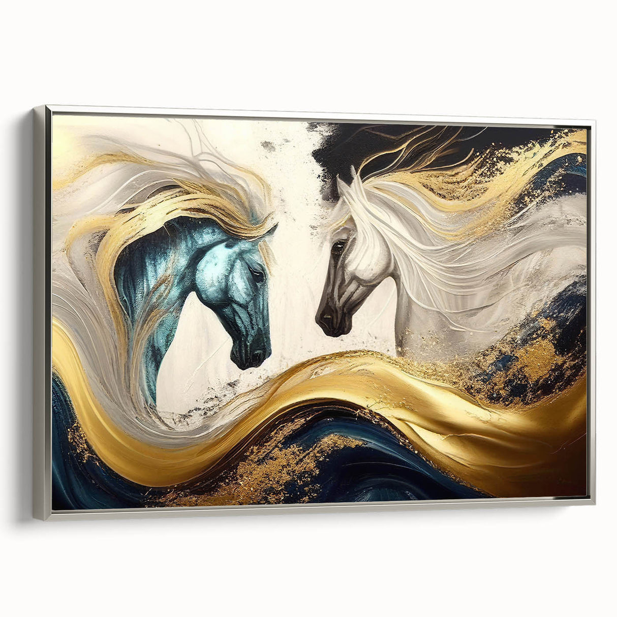 Framed canvas wall art showcasing a striking silver horse design from the 'Animals: A Wild Life' collection, ideal for modern decor.