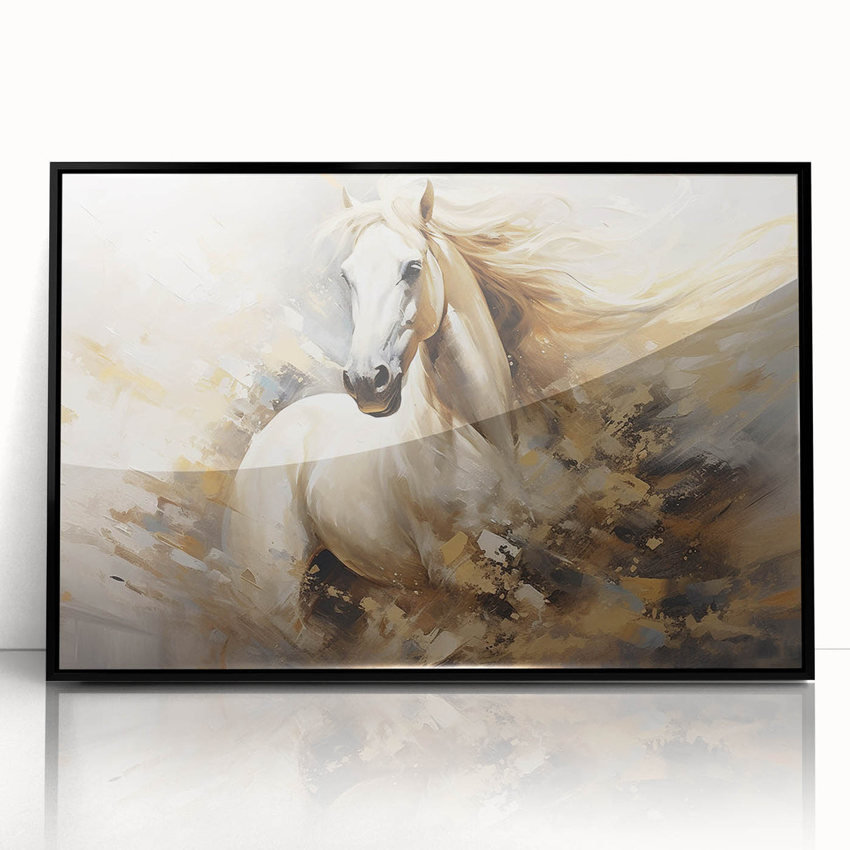 Framed wall art featuring a striking black horse design in a modern acrylic finish, showcasing detailed line work and dynamic posture, perfect for equine enthusiasts.
