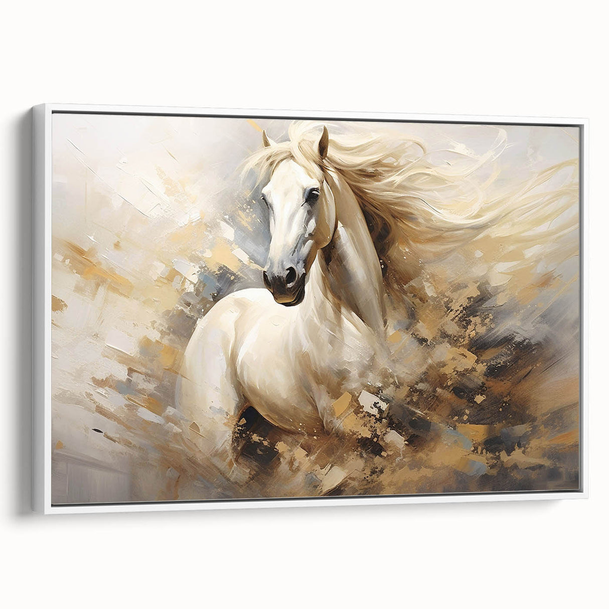 Framed canvas wall art showcasing a side view of a majestic horse in a wild landscape, featuring earthy tones and intricate details, perfect for nature lovers and equestrian decor.