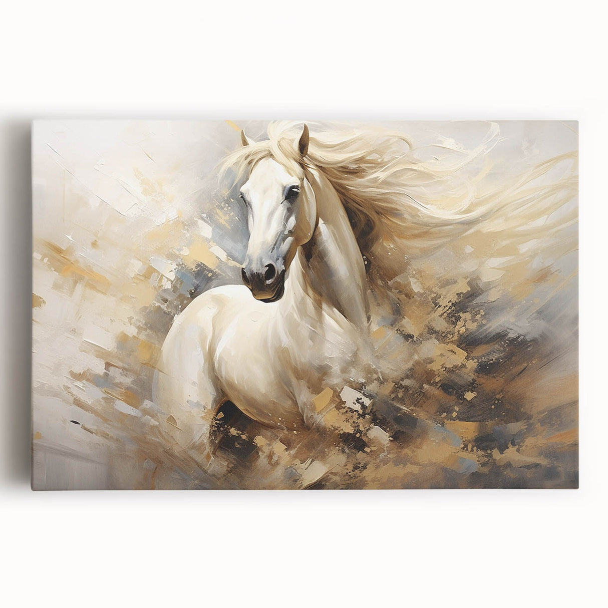 Stretched canvas wall art showcasing a majestic horse design in a front view, featuring vibrant colors and detailed textures, perfect for animal lovers or equestrian decor.