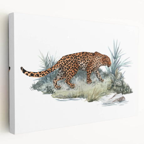 Jaguar design stretched canvas wall art showcasing a striking side profile of a majestic jaguar in vibrant colors, perfect for wildlife enthusiasts and modern decor.