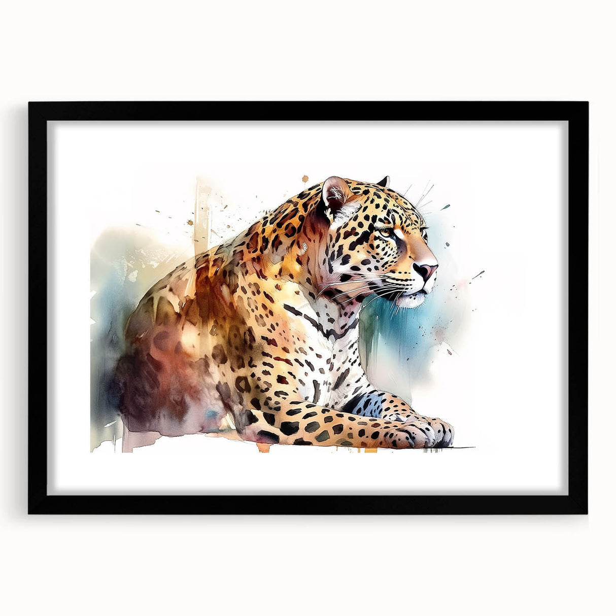 Black framed wall art featuring a striking jaguar design, showcasing intricate details and vibrant colors, perfect for adding a wild touch to any room decor.
