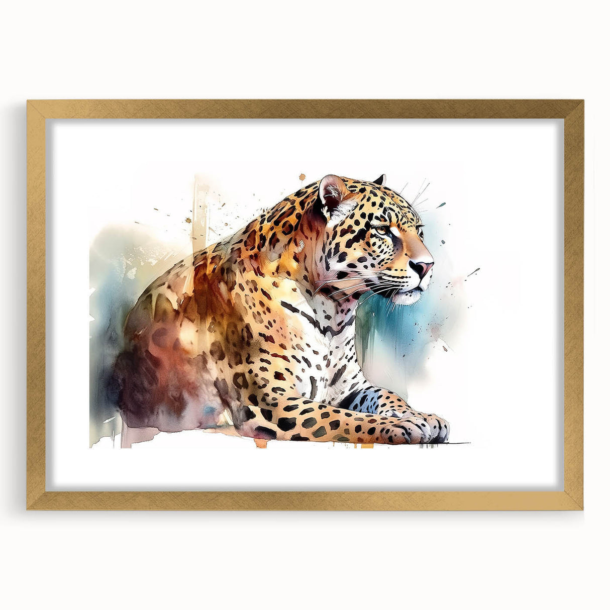 Jaguar wall art featuring a striking gold frame and mat, showcasing a bold design that highlights the intricate details of the animal's fur and vibrant colors, perfect for wildlife enthusiasts.