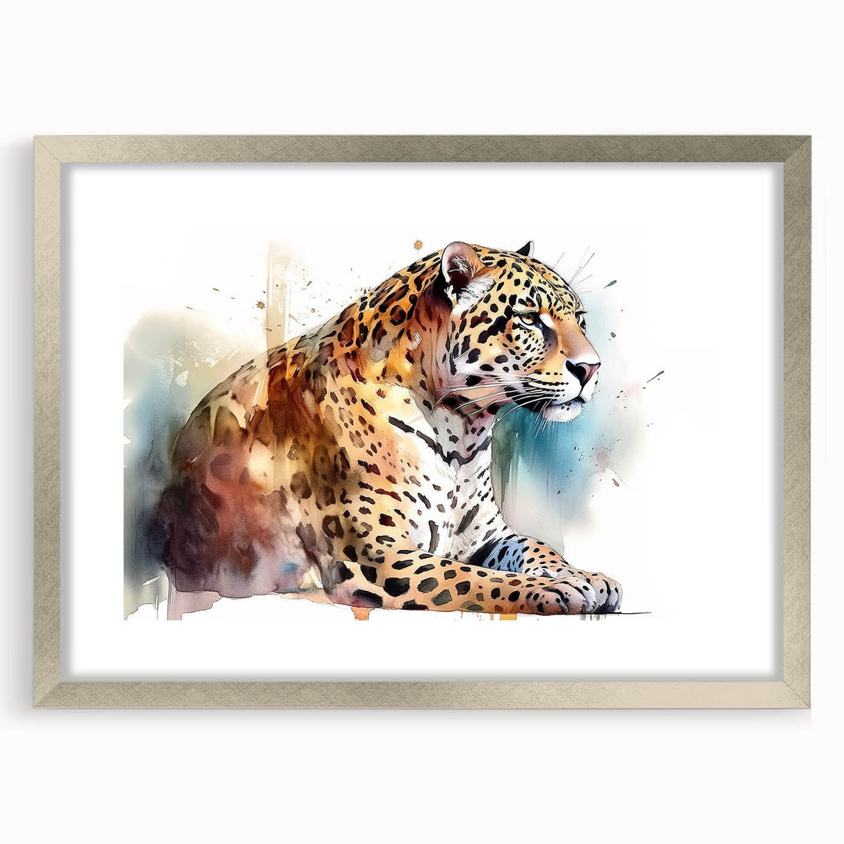 Jaguar wall art design in a sleek silver frame with a white mat, showcasing vibrant colors and intricate details, perfect for wildlife enthusiasts' decor.