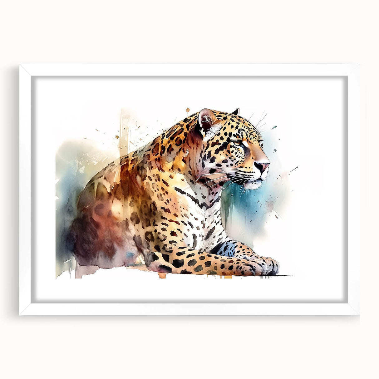 Jaguar-themed wall art print showcasing a striking design with vibrant colors, framed with a white mat, ideal for adding a touch of wildlife elegance to home decor.
