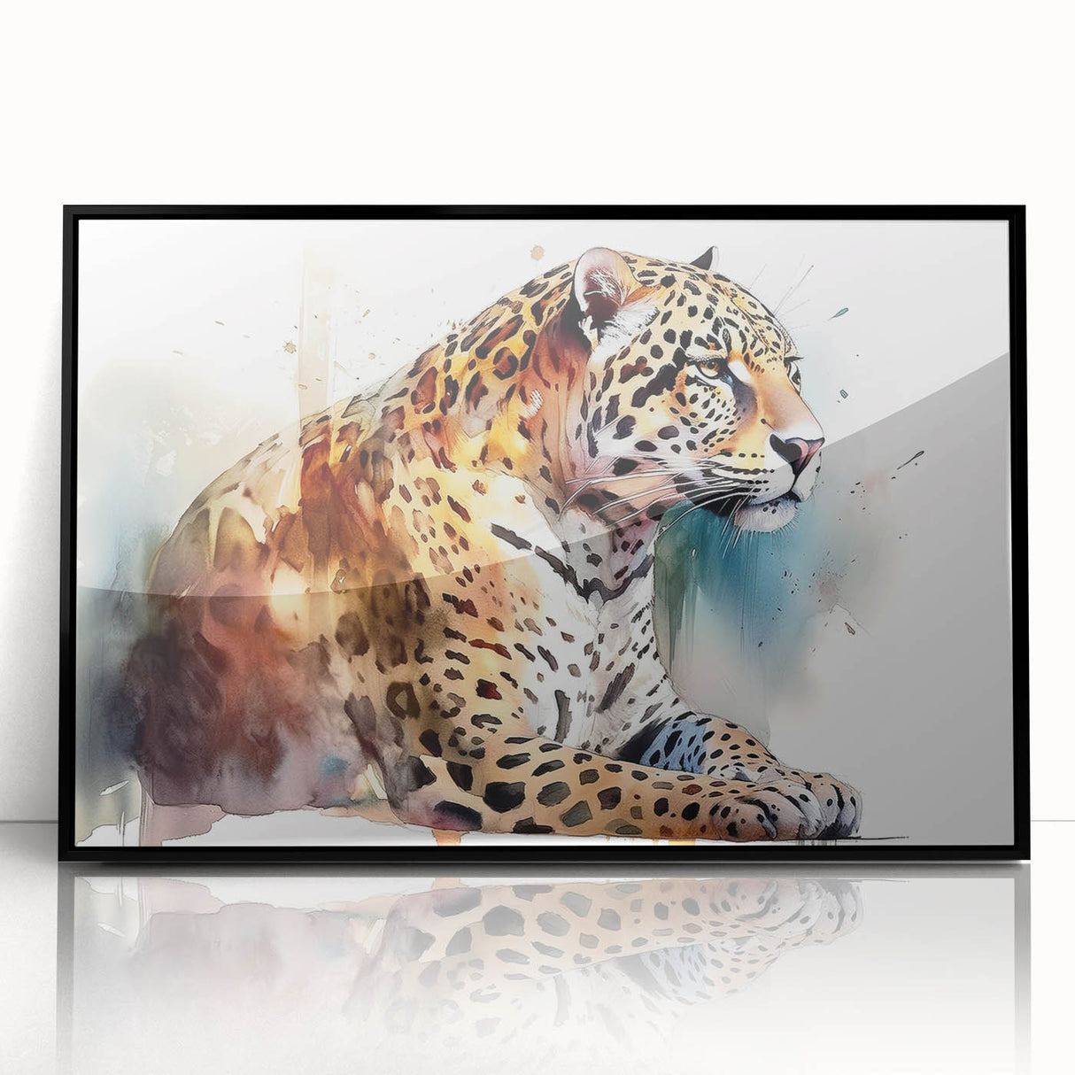 Framed wall art featuring a striking black and white jaguar design in acrylic, showcasing the wild beauty of the animal against a sleek black frame, perfect for modern decor.