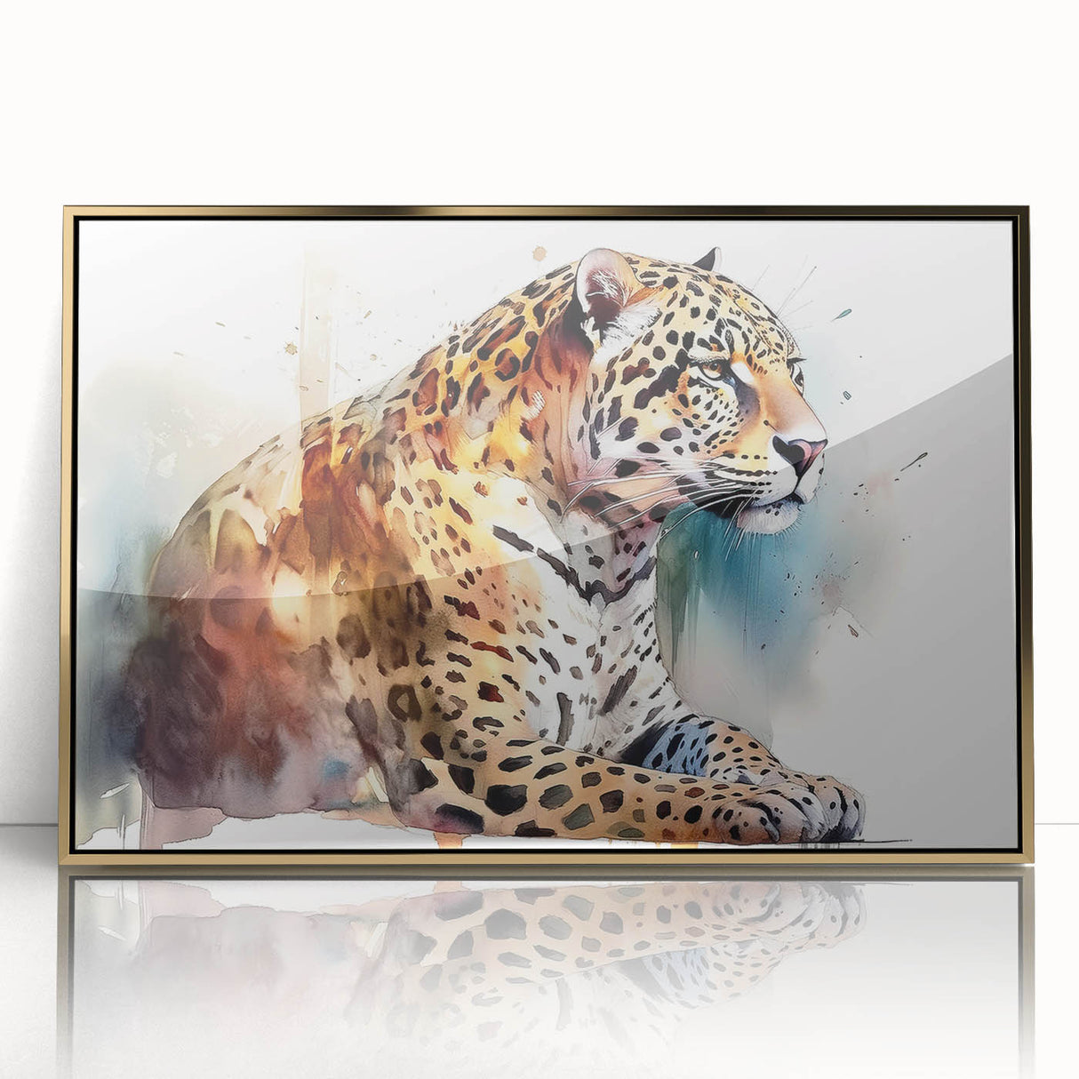 Framed wall art featuring a striking front view of a jaguar design in a gold-acrylic finish, showcasing vibrant colors and intricate detailing, perfect for wildlife enthusiasts.