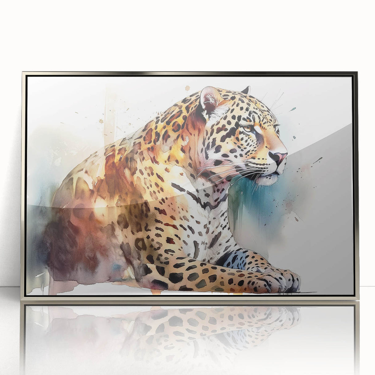 Framed wall art featuring a striking silver-accented jaguar design, showcasing vibrant colors and intricate details, perfect for wildlife enthusiasts and modern decor.