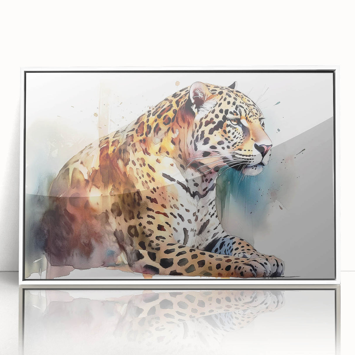 Framed wall art showcasing a striking jaguar design against a white background, featuring vibrant colors and intricate details, perfect for wildlife enthusiasts.