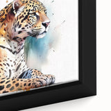 Close-up view of a framed canvas wall art depicting a striking jaguar in a vibrant jungle setting, showcasing intricate details and rich colors, ideal for animal lovers.
