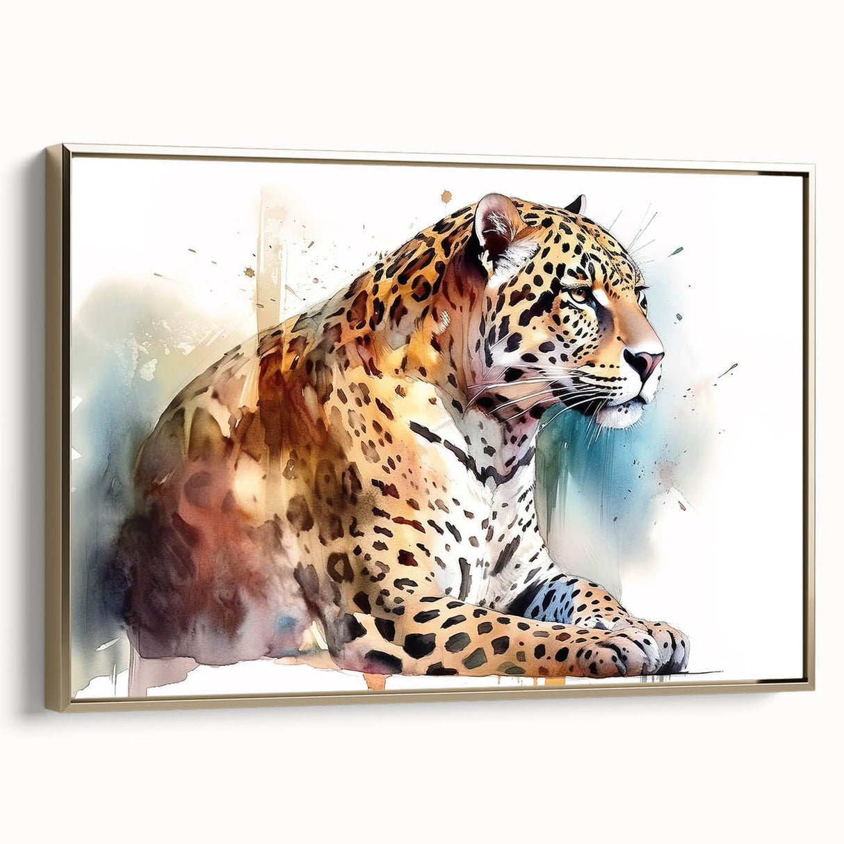 Framed wall art showcasing a striking side view of a jaguar design, set against a gold background, perfect for adding a touch of wildlife elegance to home decor.