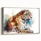 Framed wall art showcasing a striking side view of a jaguar design, set against a gold background, perfect for adding a touch of wildlife elegance to home decor.