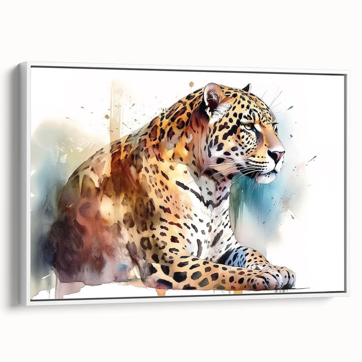 Framed canvas wall art featuring a stunning jaguar design in a vibrant color palette, showcasing intricate details and a modern aesthetic, perfect for wildlife enthusiasts.