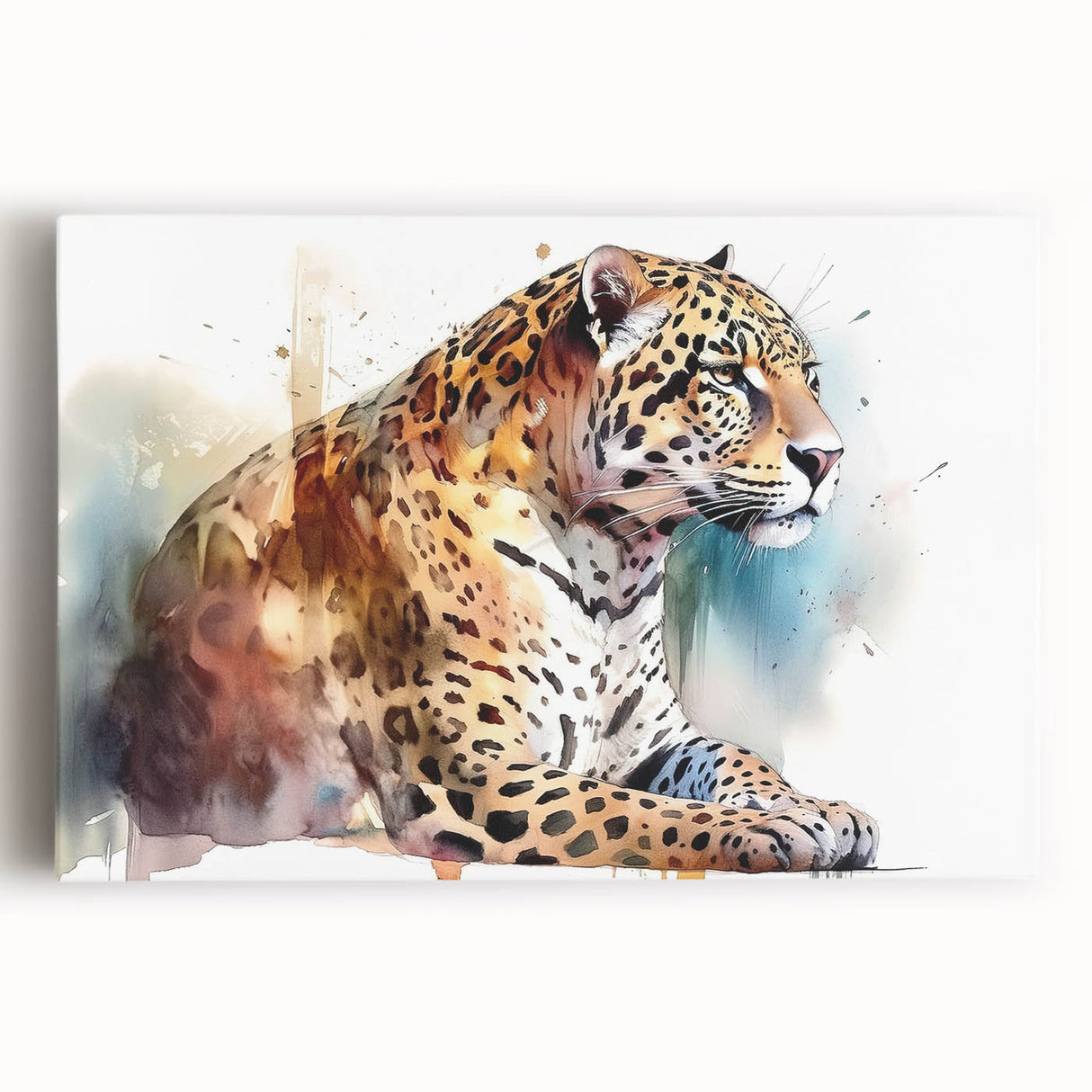 Stretched canvas wall art featuring a striking front view of a jaguar, showcasing vivid colors and intricate details, perfect for wildlife enthusiasts and home decor.