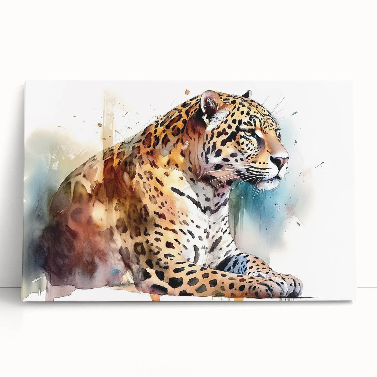Stretched canvas art featuring a striking jaguar design, showcasing vibrant colors and intricate details, ideal for wildlife enthusiasts and modern decor.