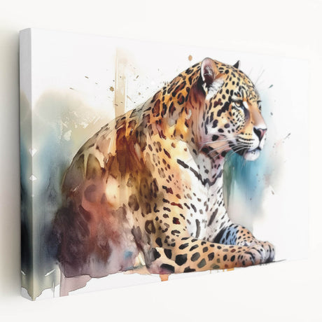 Stretched canvas wall art featuring a striking side view of a jaguar in a vibrant jungle setting, perfect for animal lovers and wildlife enthusiasts.