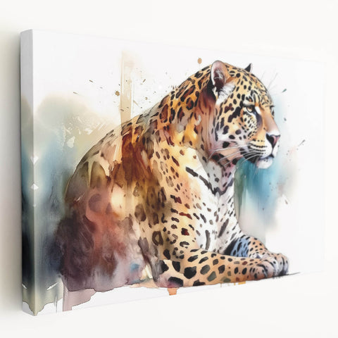 Stretched canvas wall art featuring a striking side view of a jaguar in a vibrant jungle setting, perfect for animal lovers and wildlife enthusiasts.