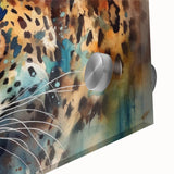 Close-up of a vibrant acrylic glass wall art piece featuring a striking jaguar design, showcasing intricate details and vivid colors, perfect for wildlife enthusiasts.
