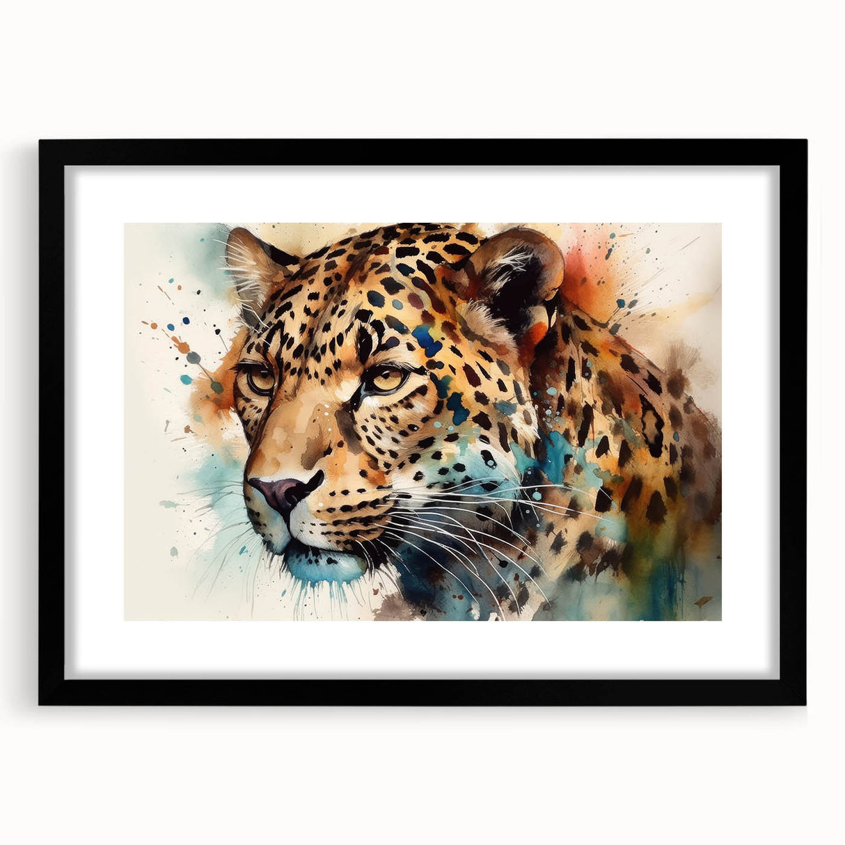 Jaguar wall art design in a sleek black frame with mat, showcasing vibrant colors and intricate details, perfect for wildlife enthusiasts and home decor.