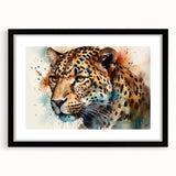 Jaguar wall art design in a sleek black frame with mat, showcasing vibrant colors and intricate details, perfect for wildlife enthusiasts and home decor.