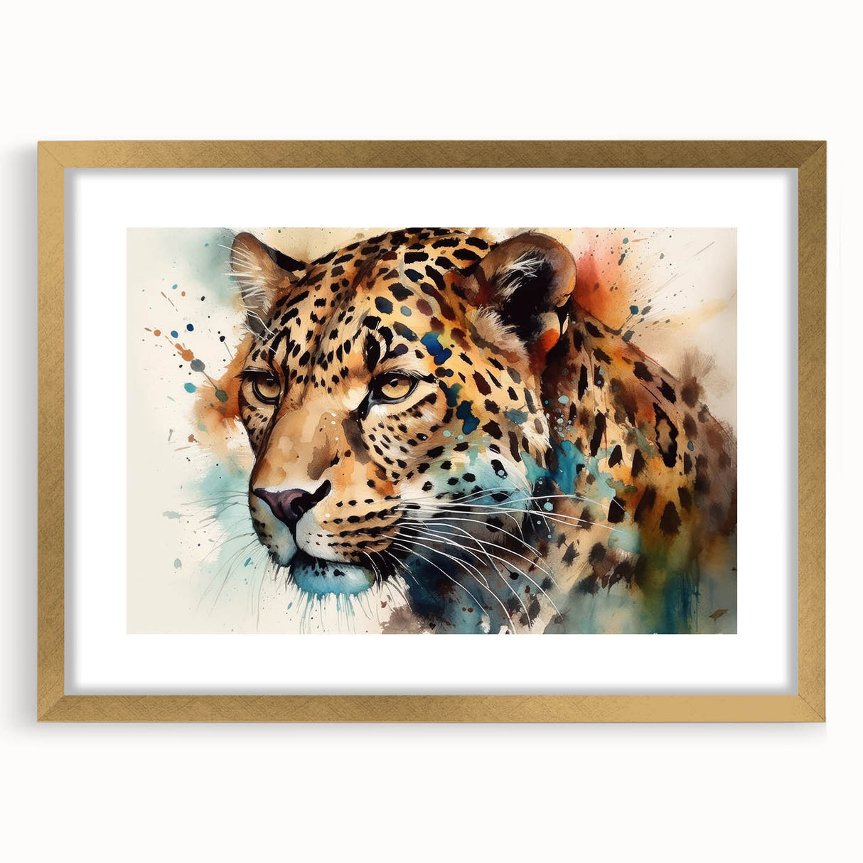 Jaguar-themed wall art design featuring a striking illustration of a jaguar in a gold frame with mat, ideal for wildlife enthusiasts and modern decor.