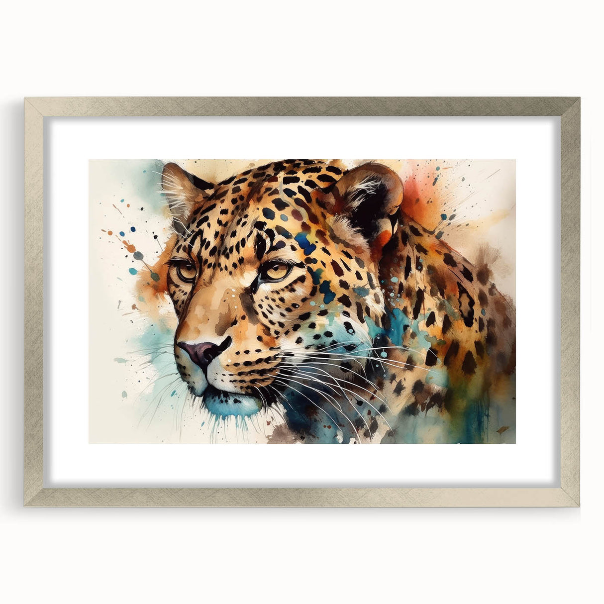 Jaguar wall art in a silver frame with a mat, showcasing a vibrant design of a wild jaguar in a lush jungle setting, perfect for animal lovers and wildlife decor enthusiasts.