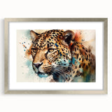Jaguar wall art in a silver frame with a mat, showcasing a vibrant design of a wild jaguar in a lush jungle setting, perfect for animal lovers and wildlife decor enthusiasts.