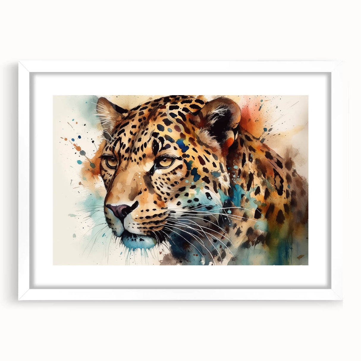 Jaguar-themed wall art design showcasing a striking black and gold illustration of a jaguar, framed with a white mat for an elegant finish, perfect for animal lovers.