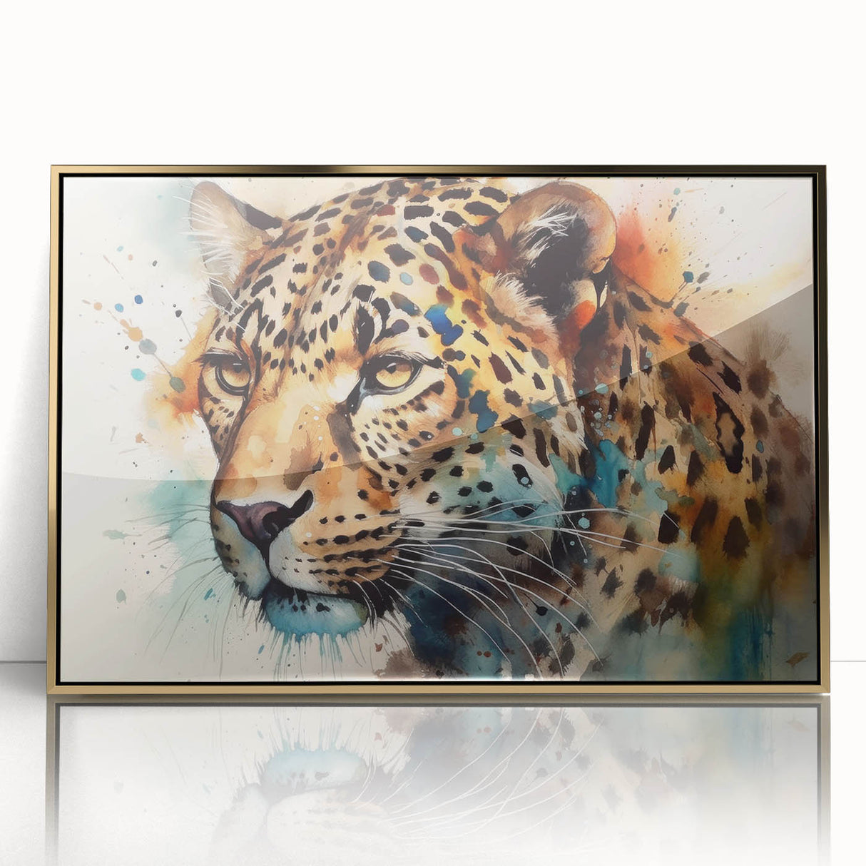 Framed wall art depicting a striking front view of a jaguar, showcasing intricate details in gold accents against a vibrant background, perfect for wildlife enthusiasts.