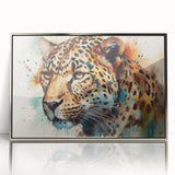 Framed wall art featuring a striking design of a jaguar in a vibrant jungle setting, showcasing intricate details and bold colors, perfect for wildlife enthusiasts.