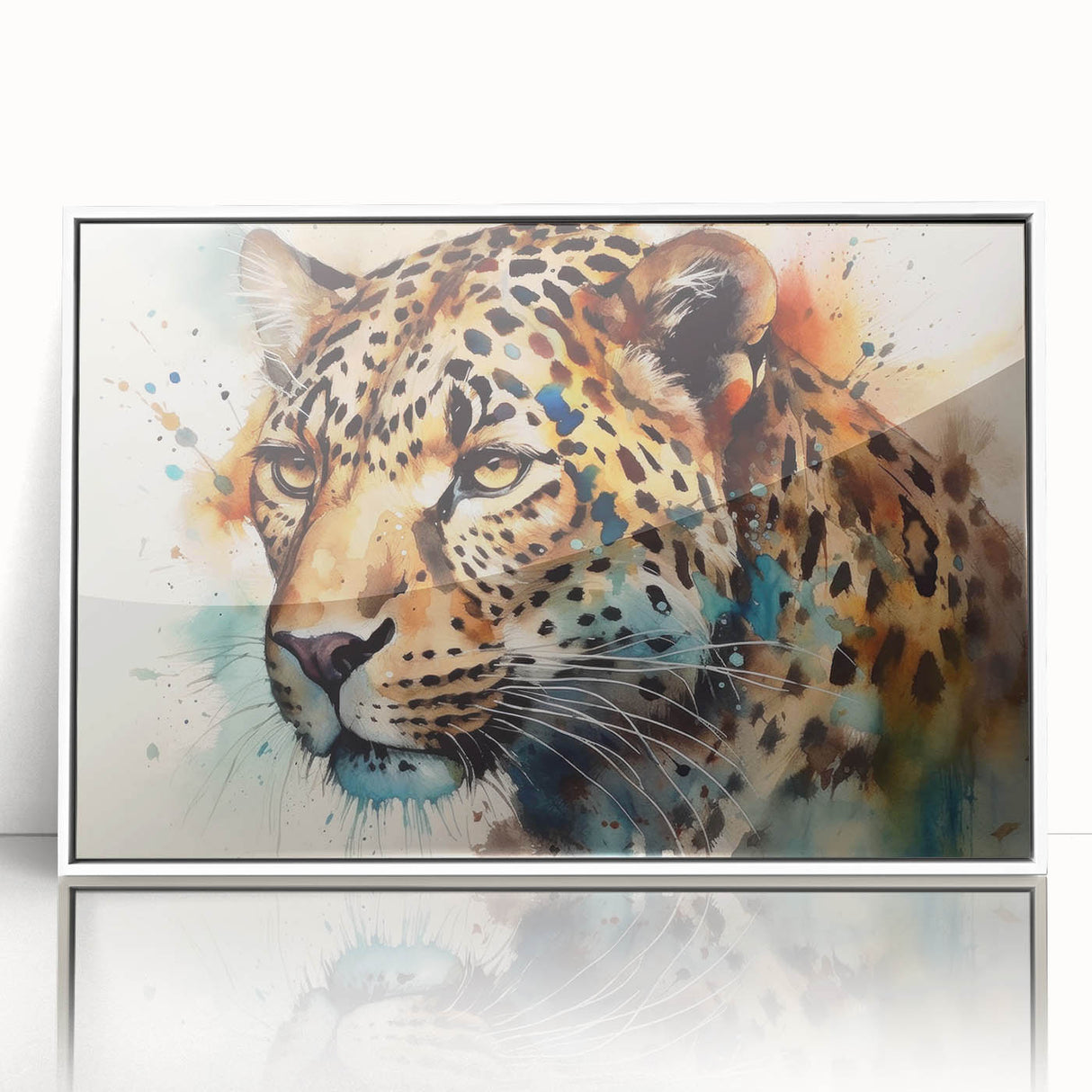 Framed wall art featuring a striking jaguar design in a vibrant color palette, showcasing detailed animal illustration against a white backdrop, perfect for wildlife enthusiasts.