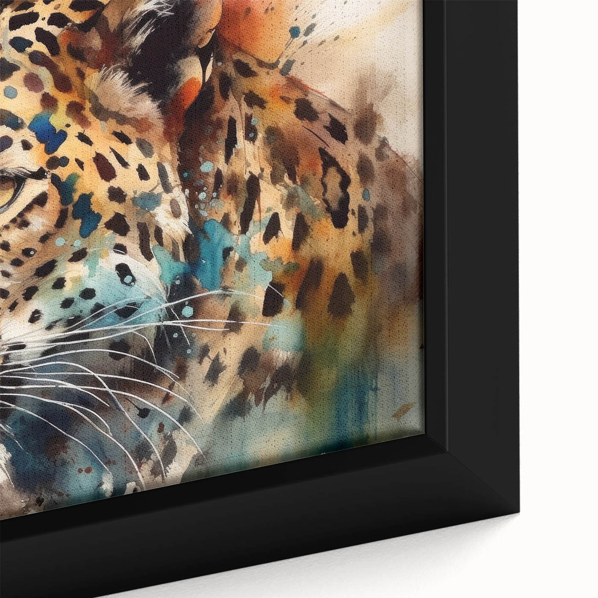 Close-up view of a framed canvas wall art featuring a striking jaguar design, showcasing vibrant colors and intricate details of the animal's fur, ideal for wildlife enthusiasts.