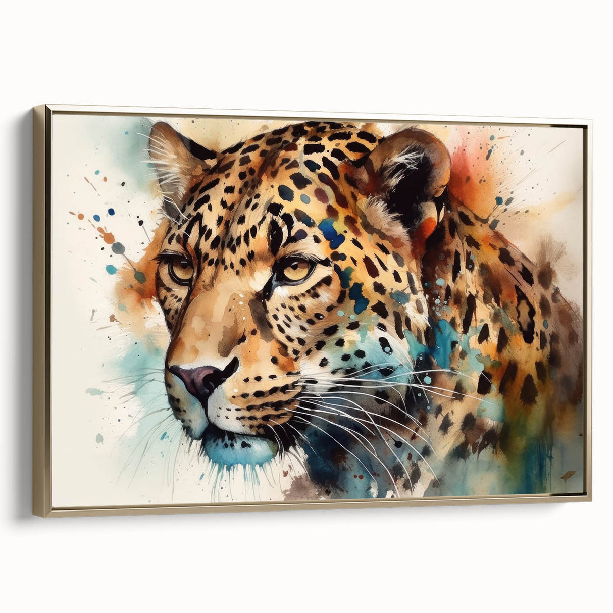 Framed wall art featuring a striking side view of a jaguar design, showcasing vibrant colors and intricate details, perfect for animal lovers and home decor enthusiasts.