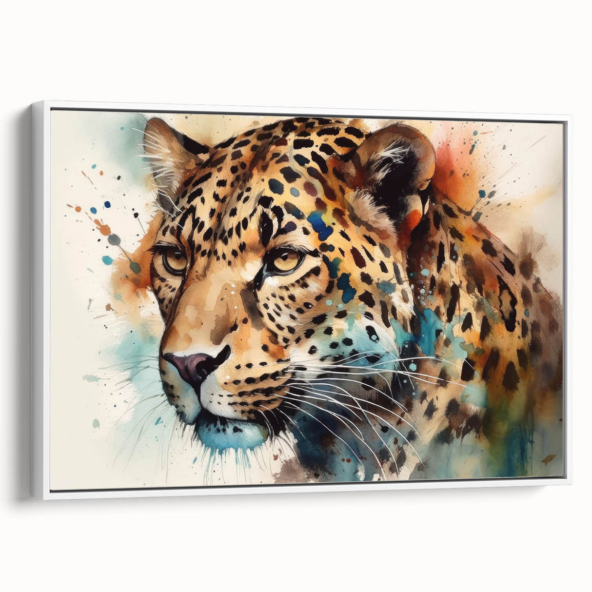 Framed wall art depicting a majestic jaguar design in vibrant colors, set against a white background, showcasing its wild beauty for animal lovers and home decor enthusiasts.