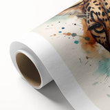 Jaguar-themed wall art design on rolled canvas, showcasing vibrant colors and detailed illustration, perfect for wildlife enthusiasts and modern decor.