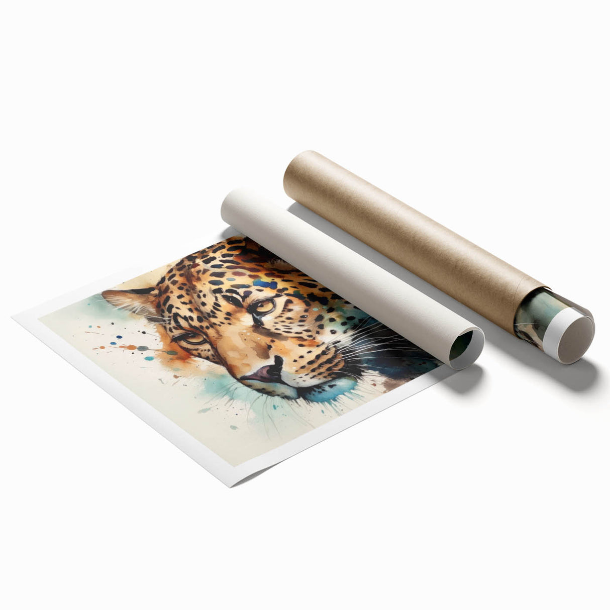 Jaguar-themed wall art print showcasing a vibrant design with detailed fur patterns, perfect for animal lovers and home decor enthusiasts, rolled for easy display.