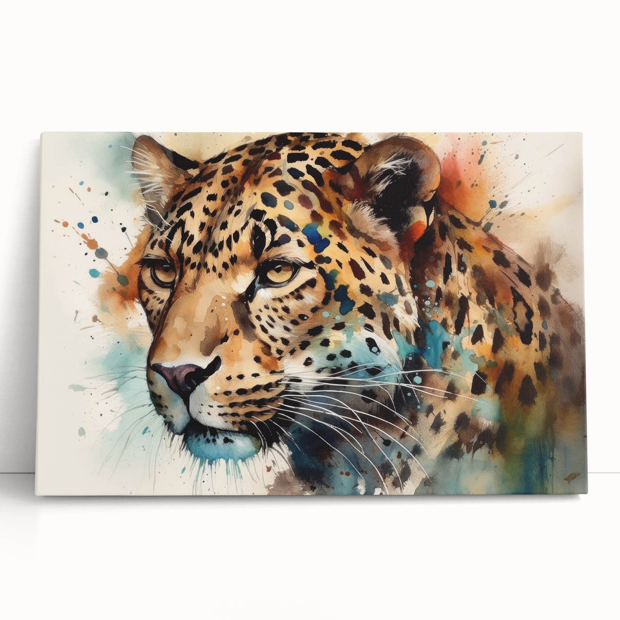 Stretched canvas wall art showcasing a striking jaguar design, featuring vibrant colors and intricate details, perfect for wildlife enthusiasts and home decor.