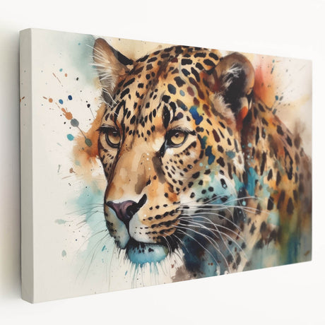 Stretched canvas wall art showcasing a striking side view of a jaguar in a vibrant, colorful design, ideal for wildlife enthusiasts and modern decor.