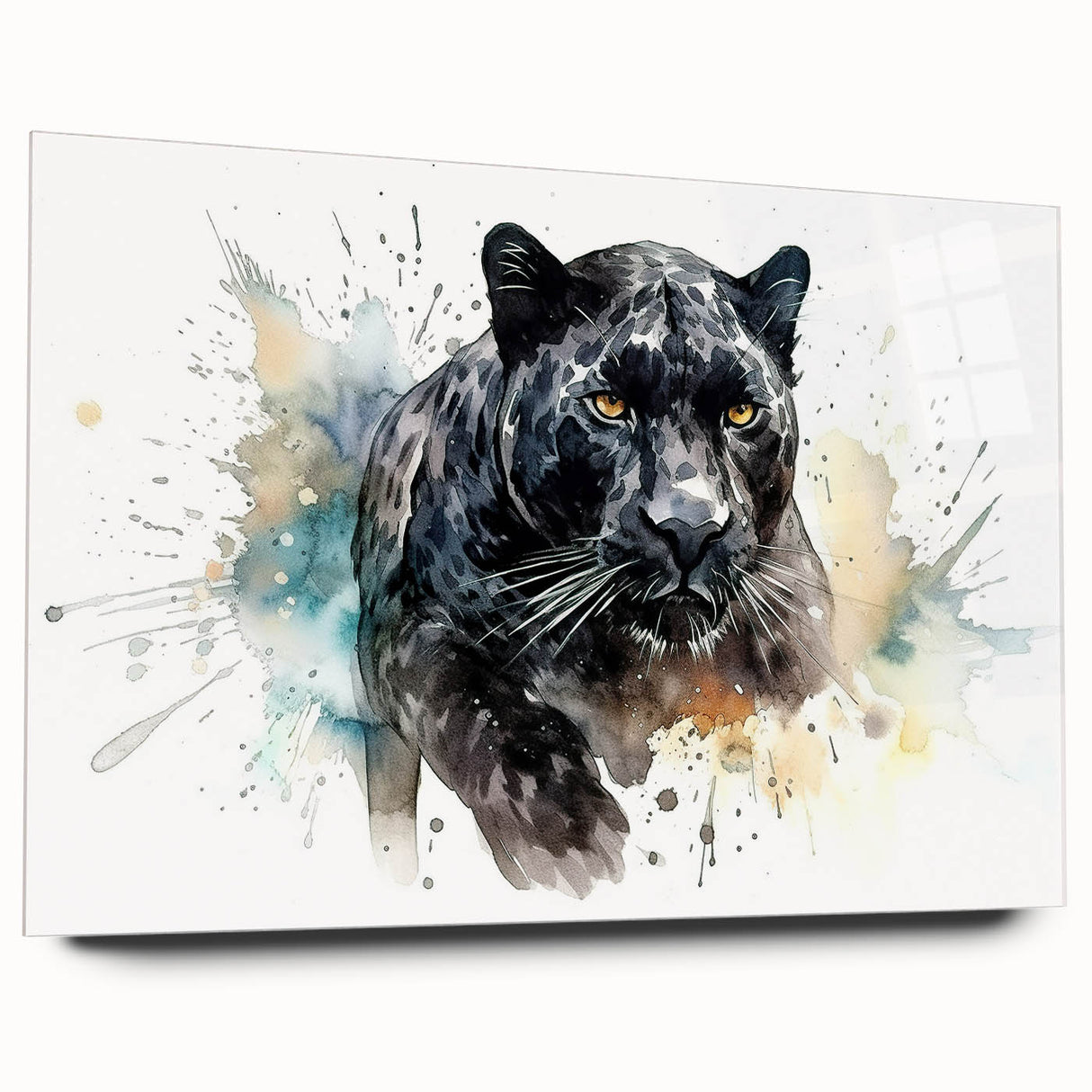 Side view of a sleek, contemporary acrylic wall art featuring a striking jaguar design, showcasing vibrant colors and intricate details, ideal for wildlife enthusiasts or modern decor.