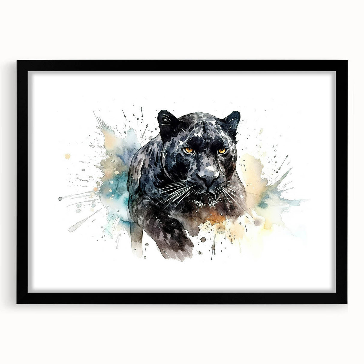 Jaguar wall art print showcasing a striking black and gold design, elegantly framed with a mat, perfect for adding a touch of wildlife elegance to home decor.