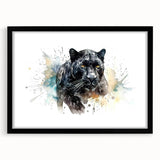 Jaguar wall art print showcasing a striking black and gold design, elegantly framed with a mat, perfect for adding a touch of wildlife elegance to home decor.