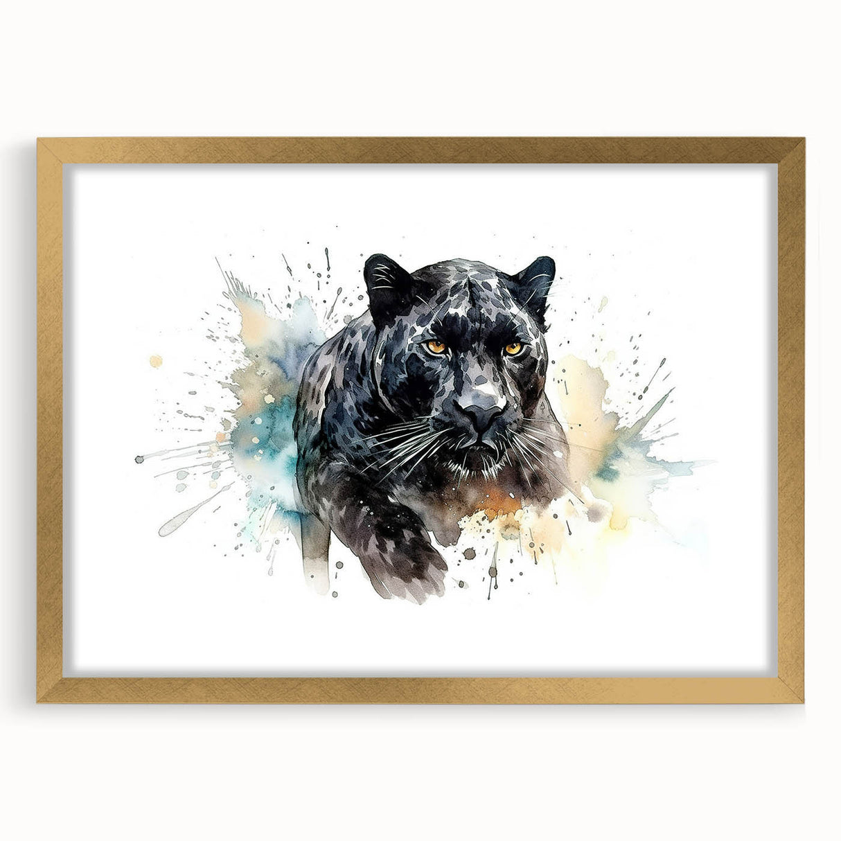 Stunning wall art design featuring a majestic jaguar in a vibrant jungle setting, framed with a gold border and mat, perfect for animal lovers and home decor enthusiasts.
