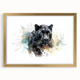 Stunning wall art design featuring a majestic jaguar in a vibrant jungle setting, framed with a gold border and mat, perfect for animal lovers and home decor enthusiasts.