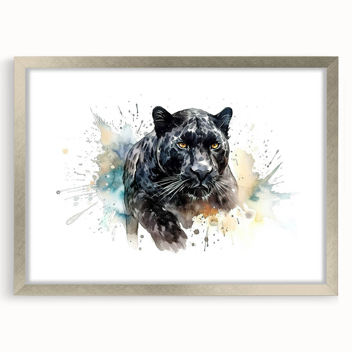 Jaguar wall art design featuring a sleek silver frame and mat, showcasing a striking wildlife theme, perfect for enhancing any modern decor.