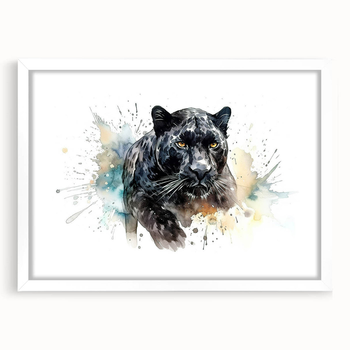 Framed wall art featuring a striking jaguar design in vibrant colors, set against a white mat, perfect for wildlife enthusiasts and modern decor.