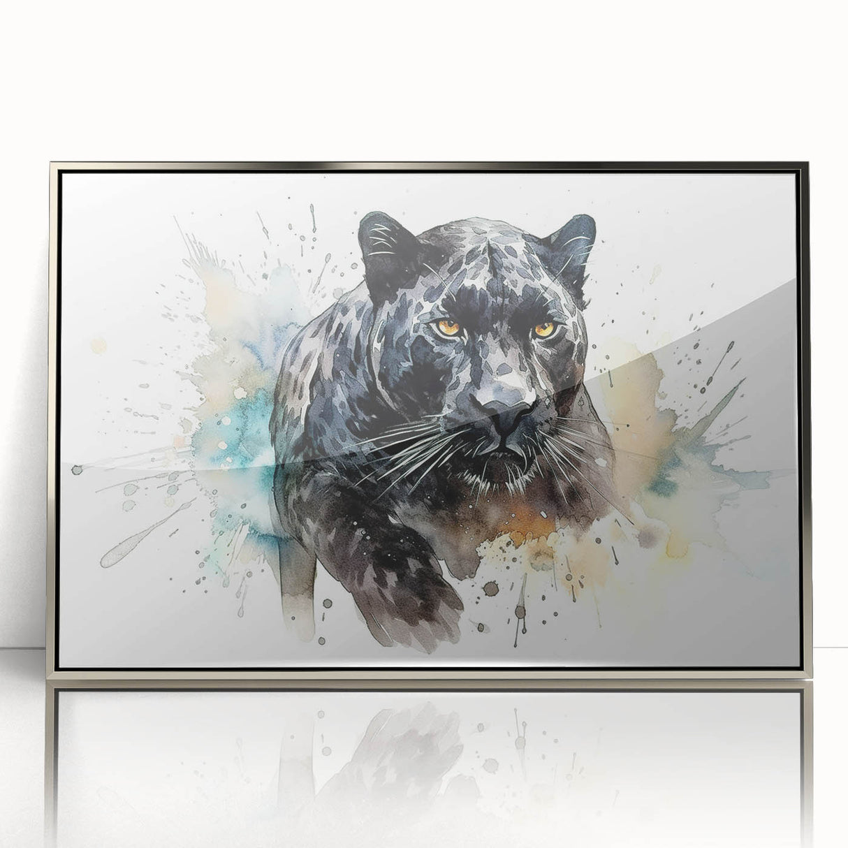 Framed wall art showcasing a striking silver-accented jaguar design, set against a sleek acrylic background, perfect for wildlife enthusiasts and modern decor.